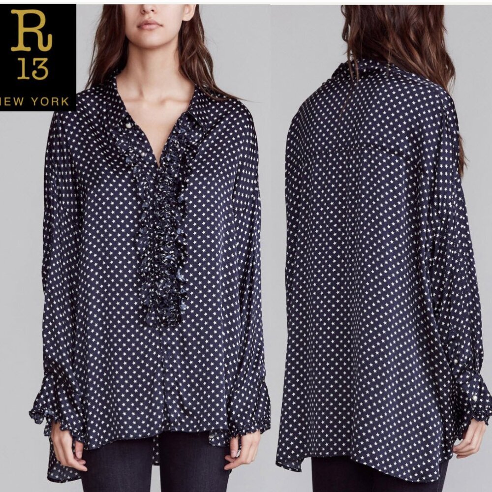 R13 Navy Star Silk Drop Neck Tuxedo Shirt Ruffle Blouse Italian Fabric Small